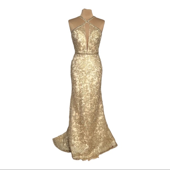 Exquisite Gold embroidered lace gown with dazzling beaded neckline and waistband - Picture 14 of 17